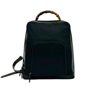 GUCCI Old Gucci Vintage Bamboo Nylon Patent Leather Backpack in Black 94673
